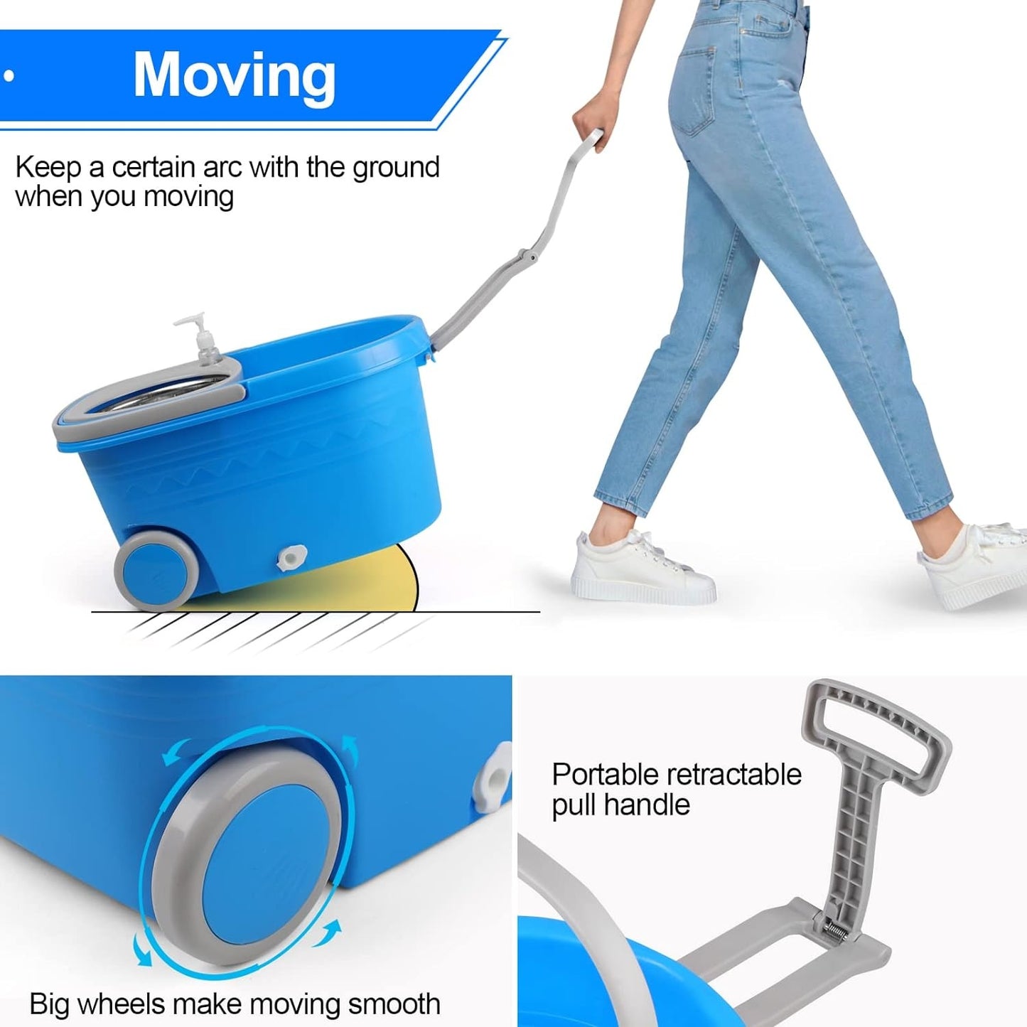 Spin Mop And Bucket With Wringer Set On Wheels, 360 Spinning Mop With Stainless Steel Handle For All Hard Surfaces, Floor Cleaning System With 3 Microfiber Replacement Heads