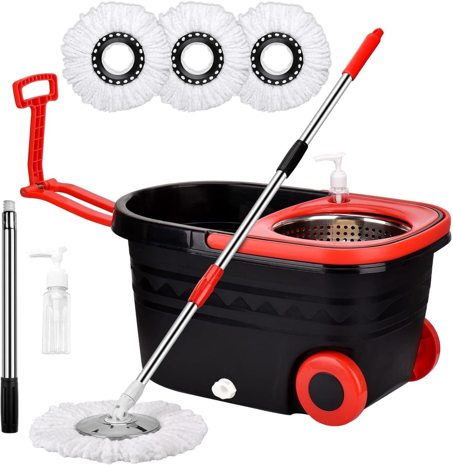 Spin Mop And Bucket With Wringer Set On Wheels, 360 Spinning Mop With Stainless Steel Handle For All Hard Surfaces, Floor Cleaning System With 3 Microfiber Replacement Heads