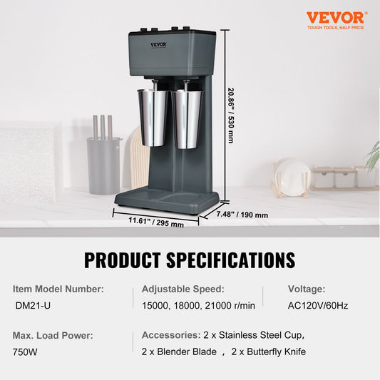 VEVOR Milkshake Maker, 375W X 2 Electric Milkshake Machine, Double Heads Drink Mixer Blender Machine, 3-Speed Milkshake Mixer With 2 X 820 Ml Stainless Steel Cups, For Commercial And Home