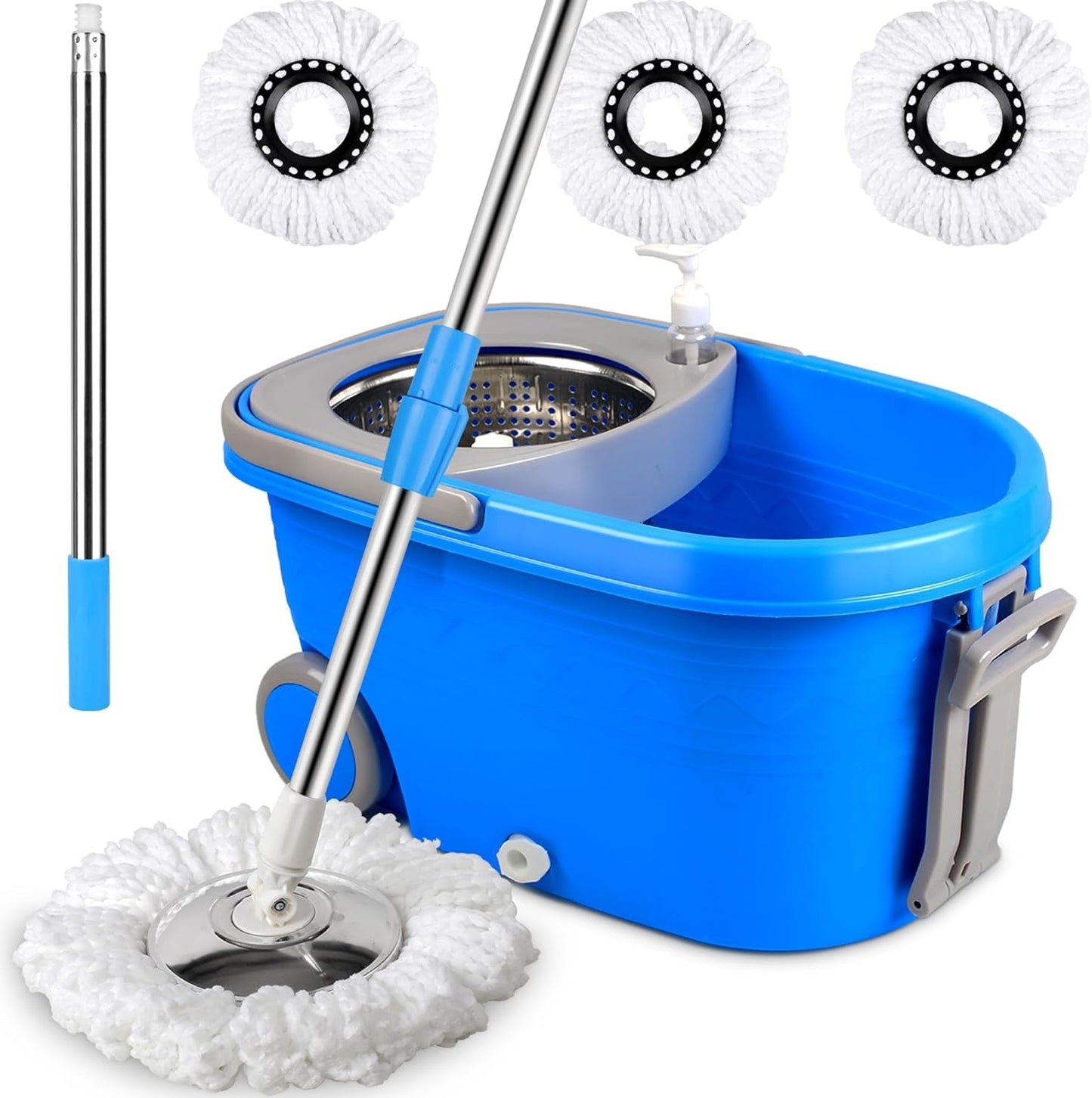 Spin Mop And Bucket With Wringer Set On Wheels, 360 Spinning Mop With Stainless Steel Handle For All Hard Surfaces, Floor Cleaning System With 3 Microfiber Replacement Heads