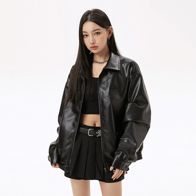 American Black Leather Coat Coat Men's And Women's Same Retro