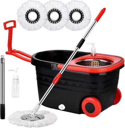 Spin Mop And Bucket With Wringer Set On Wheels, 360 Spinning Mop With Stainless Steel Handle For All Hard Surfaces, Floor Cleaning System With 3 Microfiber Replacement Heads