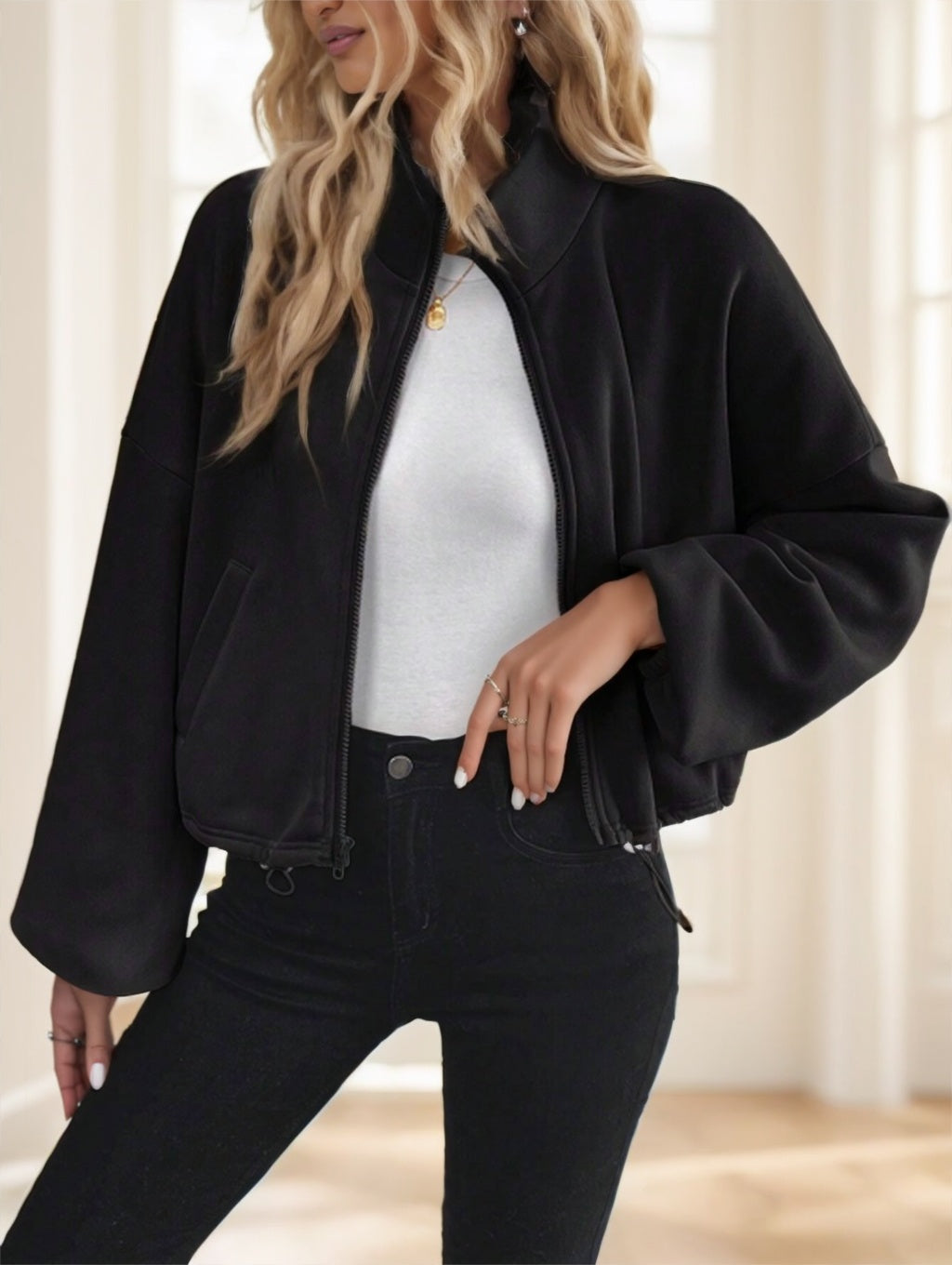 Women's Zip-Up Drawstring Long Sleeve Casual Hooded Sweatshirt Jacket